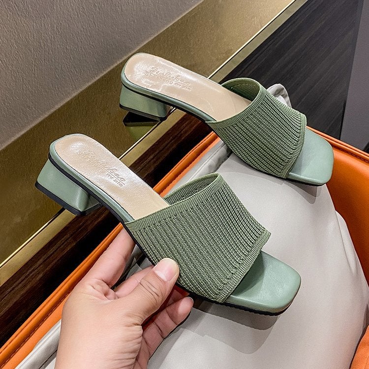 Summer Korean Style Fly-Knit Slippers For Women, Square Toe, Thick Heel, Fashionable Sandals - Image 5